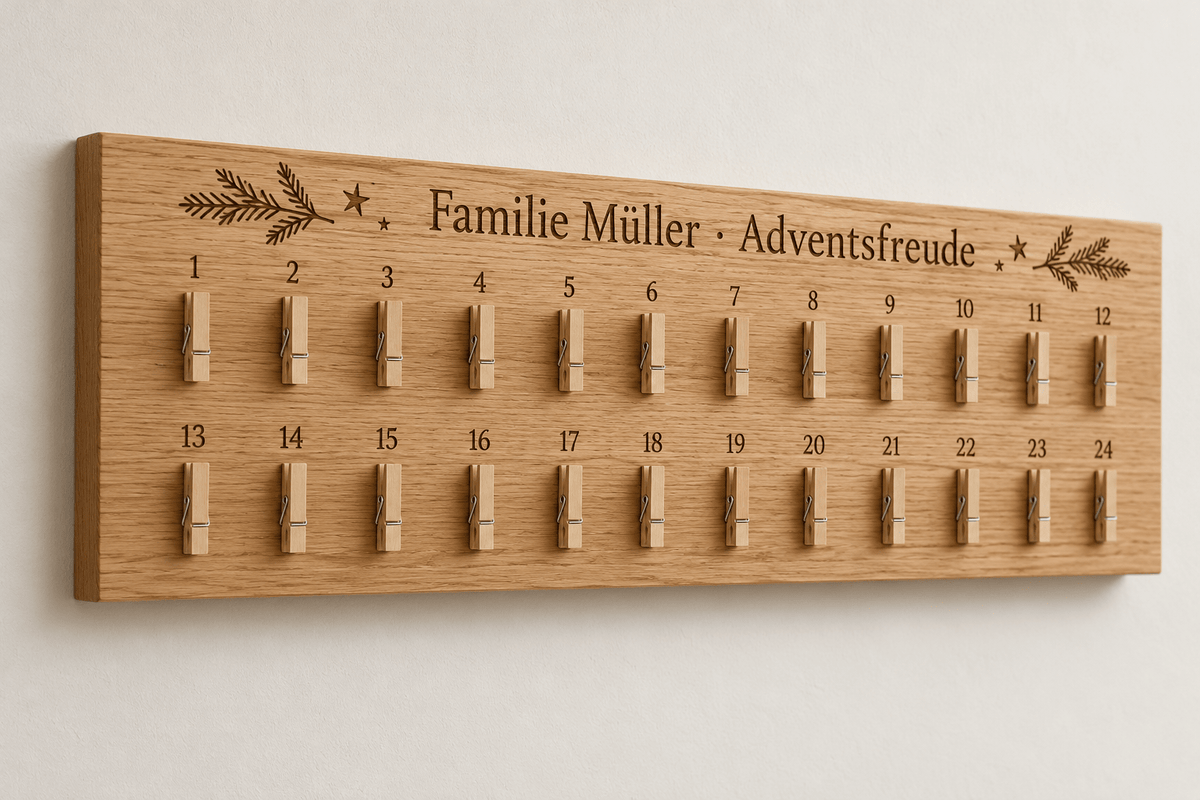 Adventsleine – Adventskalenderbrett mit 24 Klammern – Produktansicht mit Beispielgestaltung
