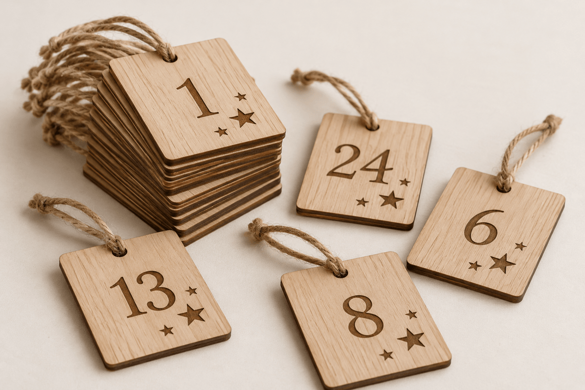 Adventszahlen – Adventskalender-Zahlenanhänger 1–24 – Produktansicht mit Beispielgestaltung