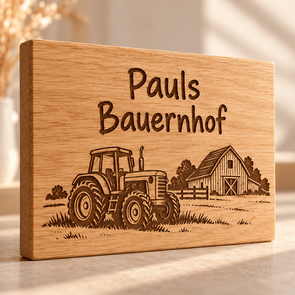 Bauernhofzeit – Kinderzimmer-Wandschild Traktor, Gravur und Holzdetail; digitale Gestaltungsvisualisierung