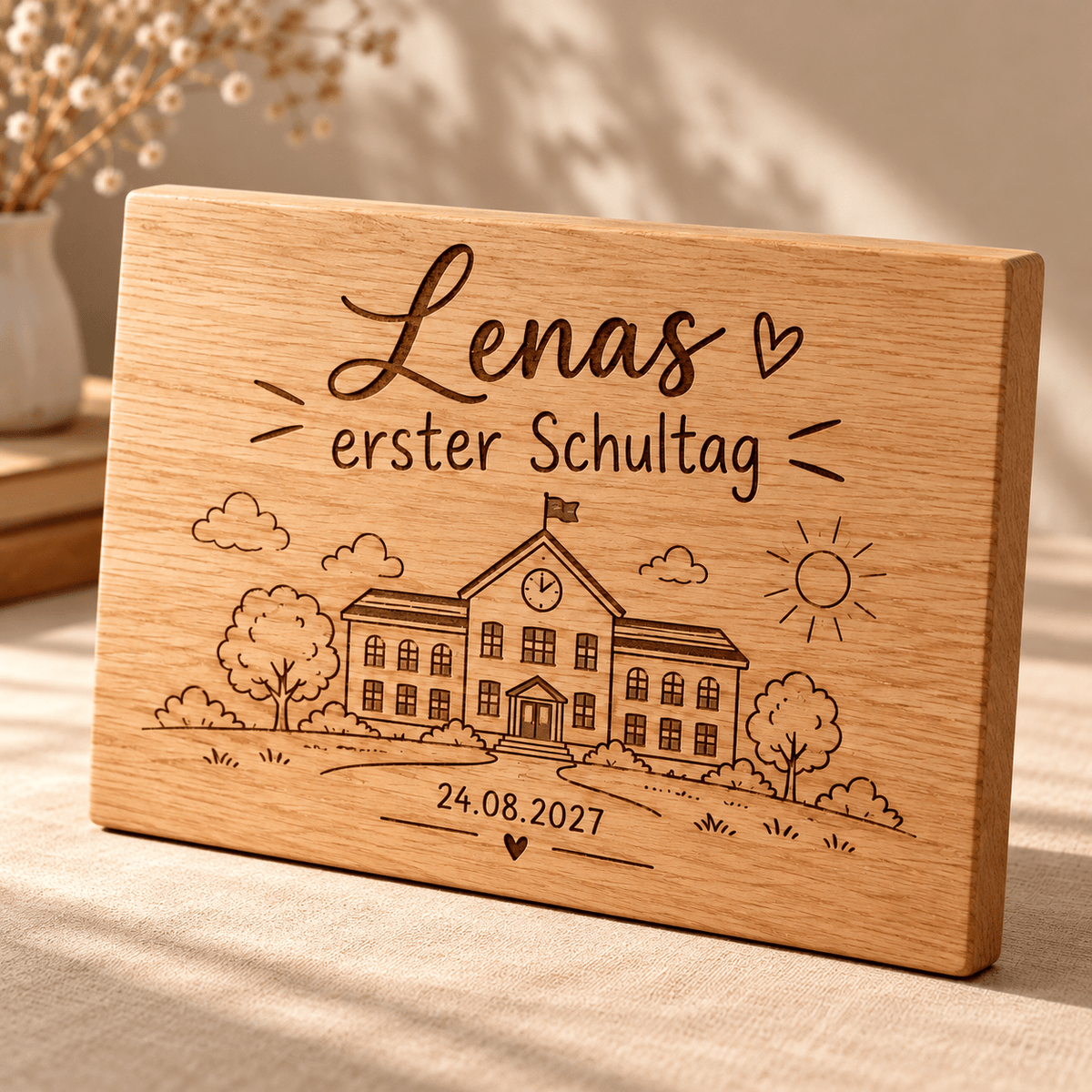 Erster Schultag – Erinnerungstafel zur Einschulung, Gravur und Holzdetail; digitale Gestaltungsvisualisierung