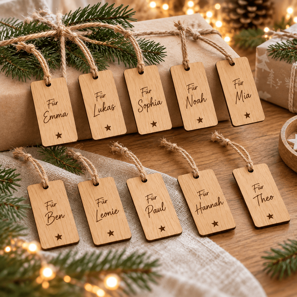 Geschenknamen – Personalisierte Geschenkanhänger im 10er-Set – Anwendungsbeispiel, KI-Visualisierung