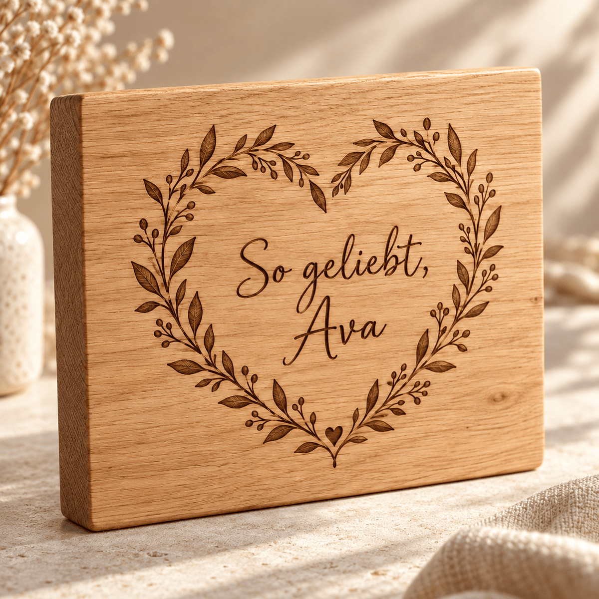 Herzenskind – Personalisierte Liebesbotschaft aus Holz, Gravur und Holzdetail; digitale Gestaltungsvisualisierung