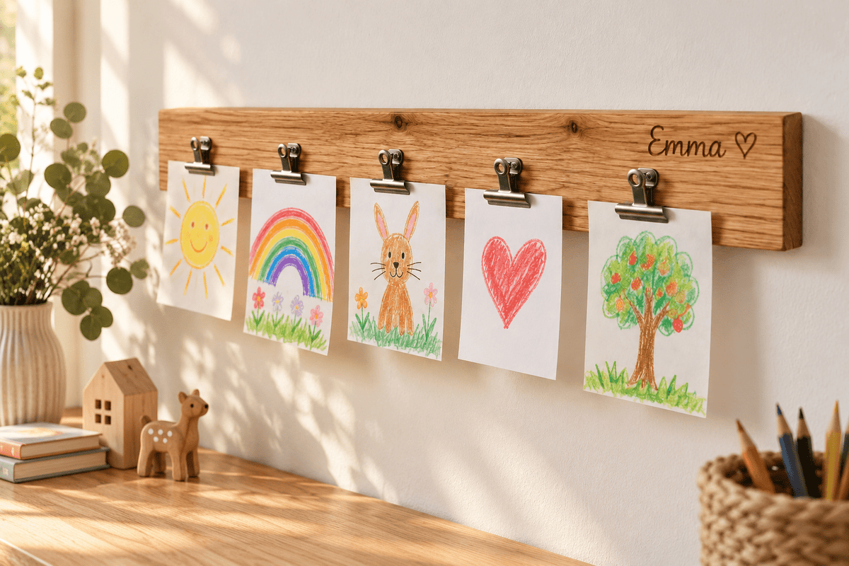 Kinderkunstplatz – Bilderleiste mit Clips aus Eiche im Einsatz mit verdeckter rückseitiger Aufhängung