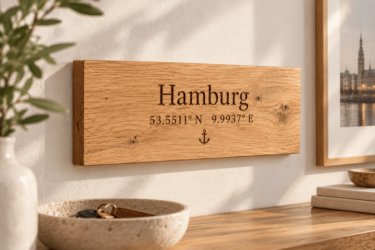Koordinatenort – Koordinaten-Wandtafel aus Eiche im Einsatz mit verdeckter rückseitiger Aufhängung
