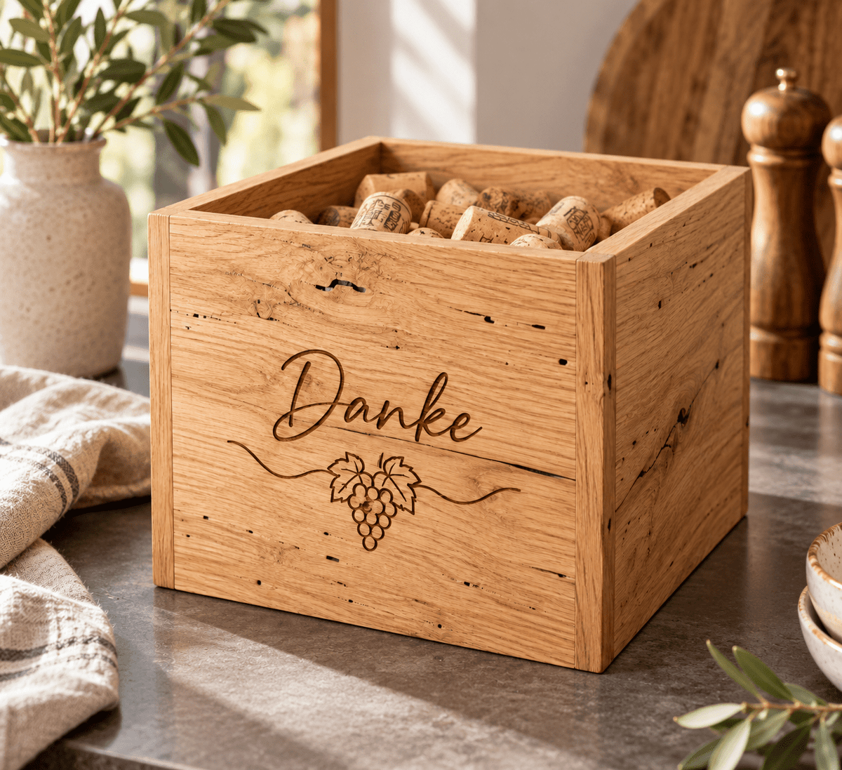 Korkensammlung – offene Korken-Sammelbox aus heller Wurmeiche im Einsatz