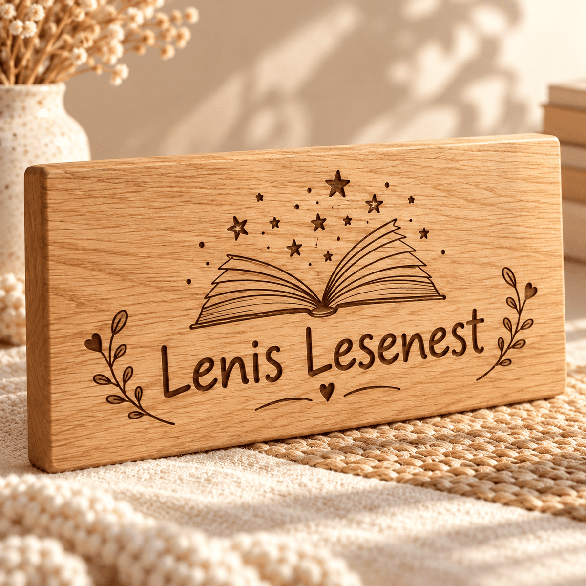 Lesenest – Personalisiertes Schild für die Leseecke, Gravur und Holzdetail; digitale Gestaltungsvisualisierung