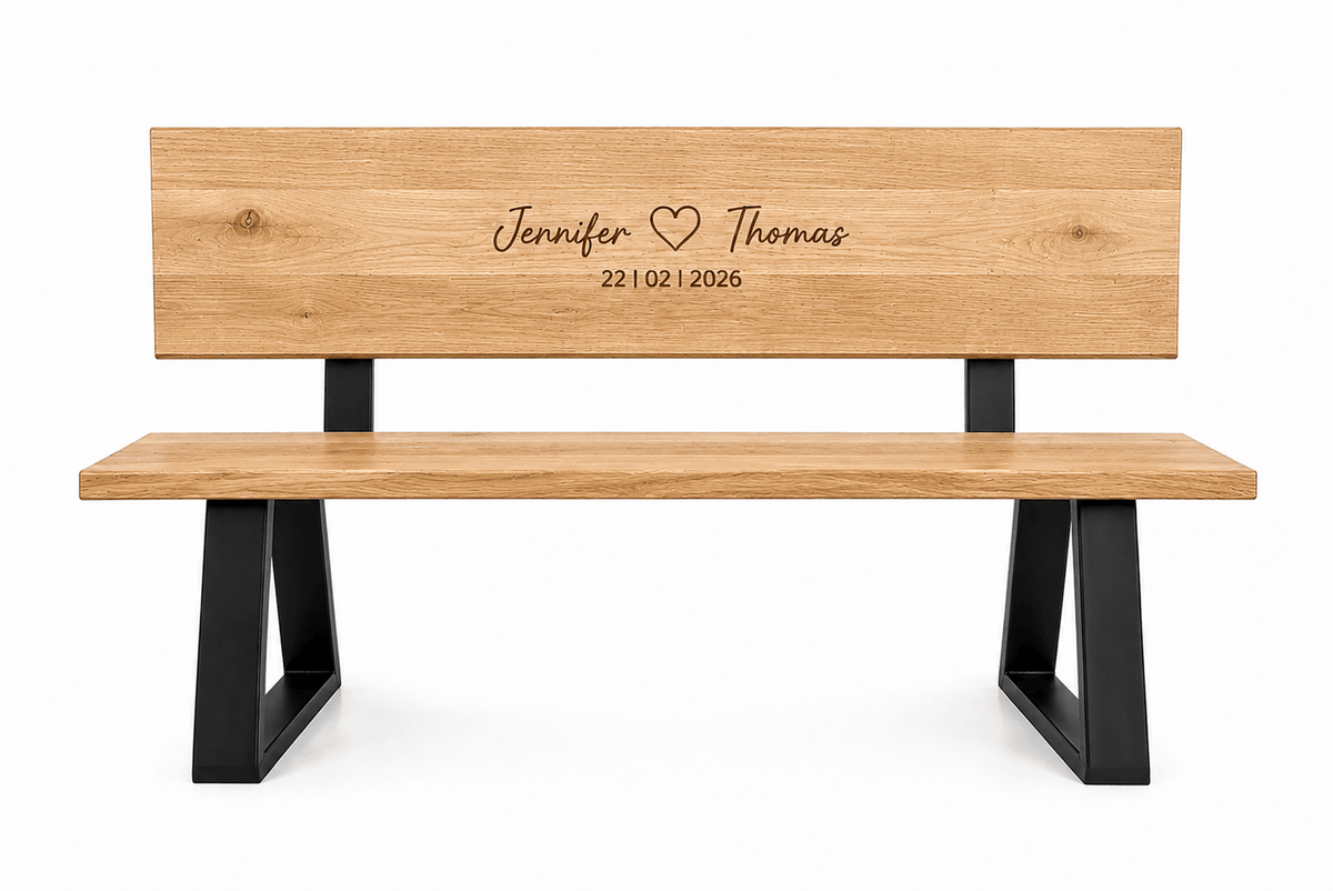 Personalisierbare Massivholzbank Madera mit Lehne und Gravur – weiteres Produktbild 11