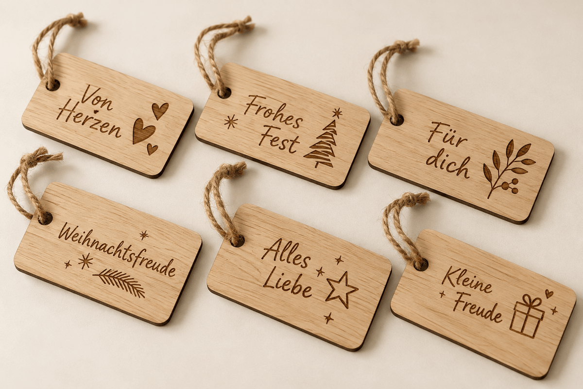 Päckchenfreude – Wiederverwendbare Weihnachts-Geschenketiketten im 6er-Set – Produktansicht mit Beispielgestaltung