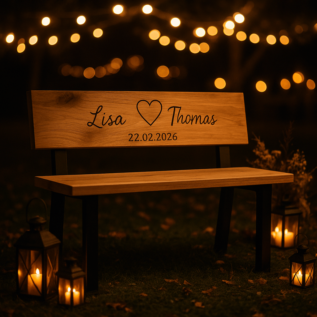Personalisierte Hochzeitsbank aus Eiche – Lasergravur mit Namen & Datum | Wedding Geschenk individuell | Lieblingsplatz Bank | - Woodequipment24