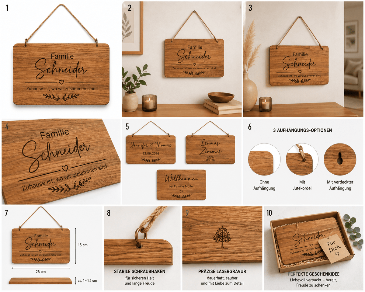 Personalisiertes Holzschild aus Eiche mit Wunschgravur – 26 x 15 cm – Namensschild, Dekoschild oder Frühstücksbrett – Geschenk personalisiert - Wood-24