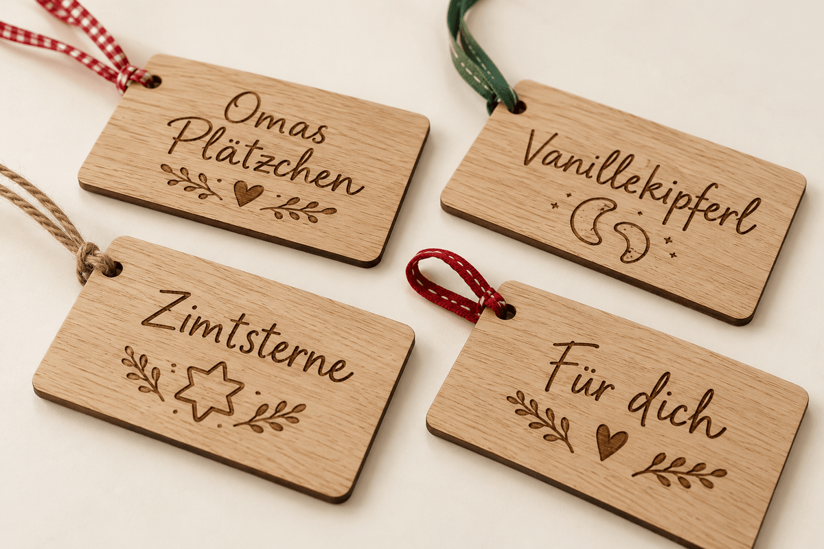 Plätzchenpost – Personalisierter Anhänger für Plätzchendosen im 4er-Set – Produktansicht mit Beispielgestaltung