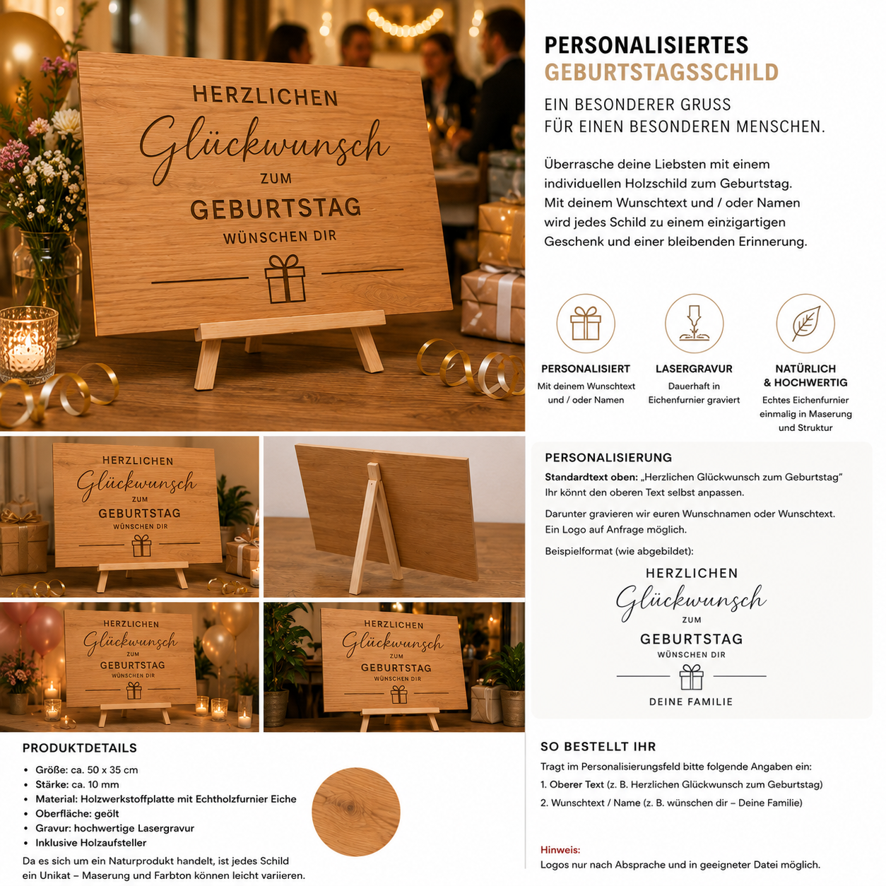 Personalisiertes Geburtstagsschild aus Eiche – Geschenk mit euren Namen