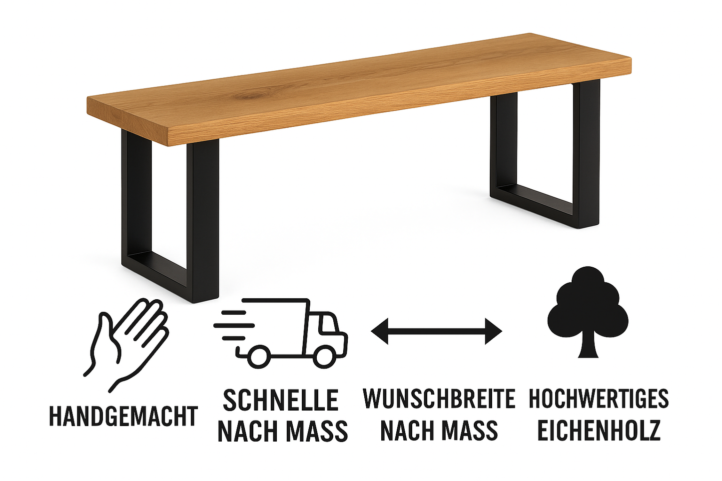 Handgefertigte Sitzbank aus massiver Eiche – Wunschbreite nach Maß | Modernes Design mit Metallbeinen | Ideal für Flur, Schlafzimmer & Essbereich