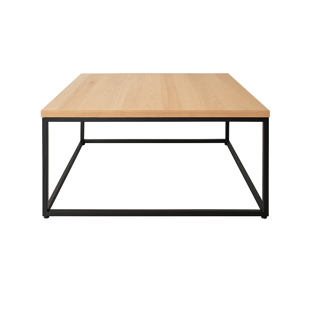 Massivholz Couchtisch aus Eiche mit Metallgestell | Handgefertigter Wohnzimmertisch | Industrial Design | Hochwertige Eichenplatte mit Ästen & Rissen | Made in Germany