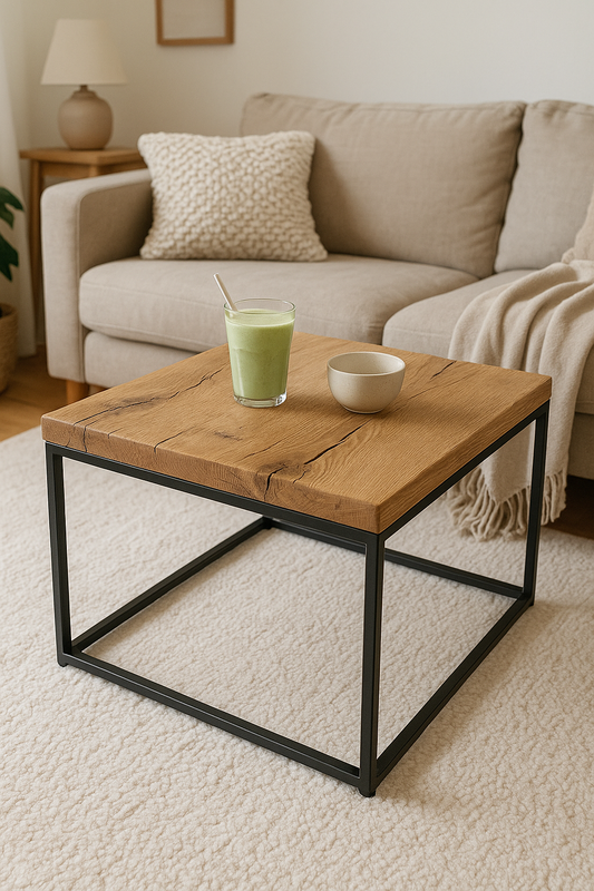 Massivholz Couchtisch aus Eiche mit Metallgestell | Handgefertigter Wohnzimmertisch | Industrial Design | Hochwertige Eichenplatte mit Ästen & Rissen | Made in Germany