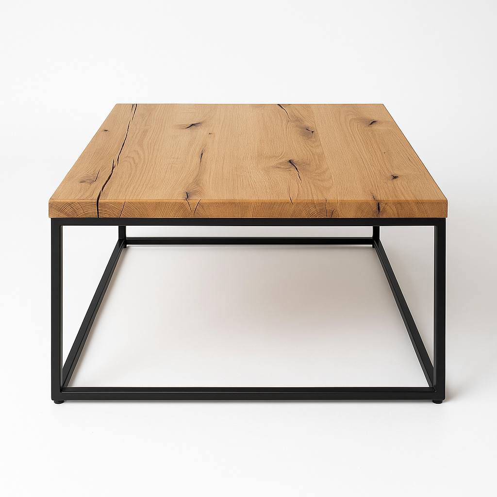 Massivholz Couchtisch aus Eiche mit Metallgestell | Handgefertigter Wohnzimmertisch | Industrial Design | Hochwertige Eichenplatte mit Ästen & Rissen | Made in Germany