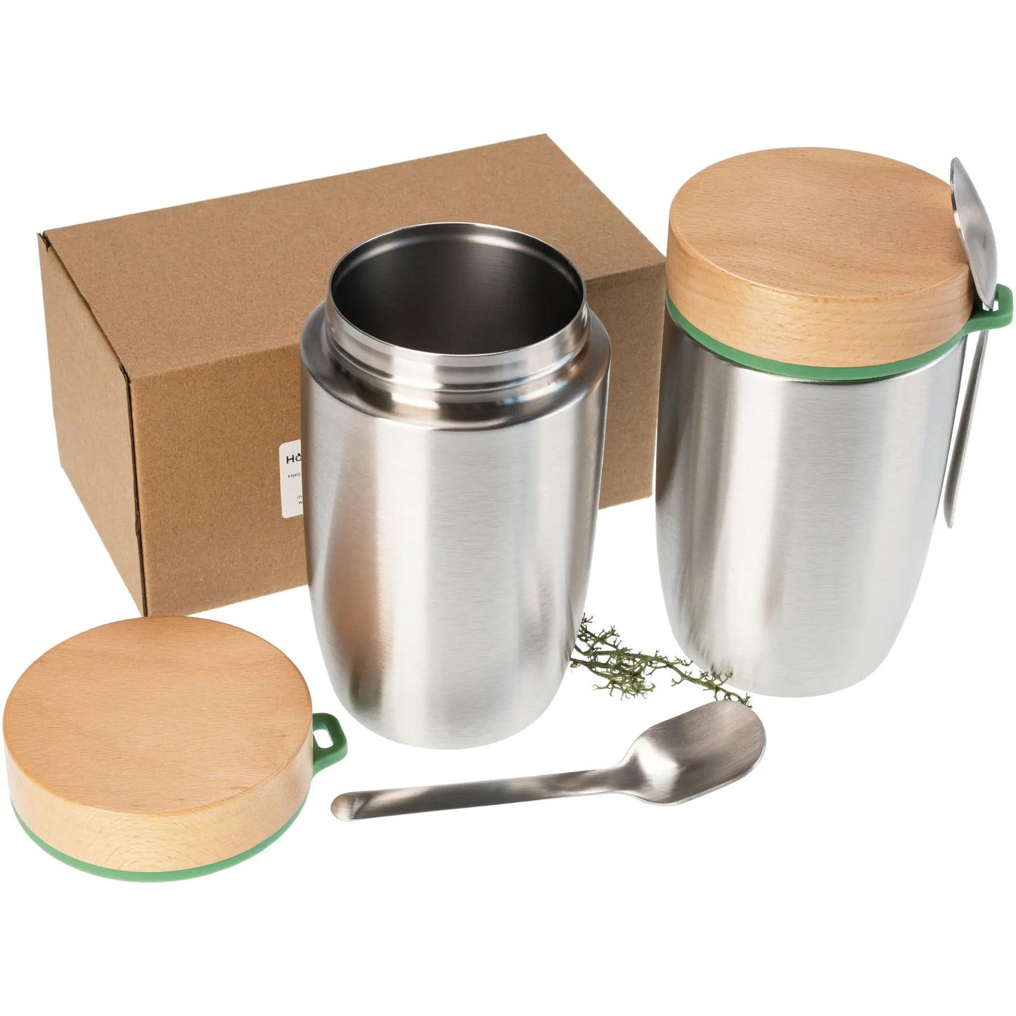 Edelstahl Lunchbox doppelwandig isoliert 0,5 l mit FSC® Holzdeckel und Löffel