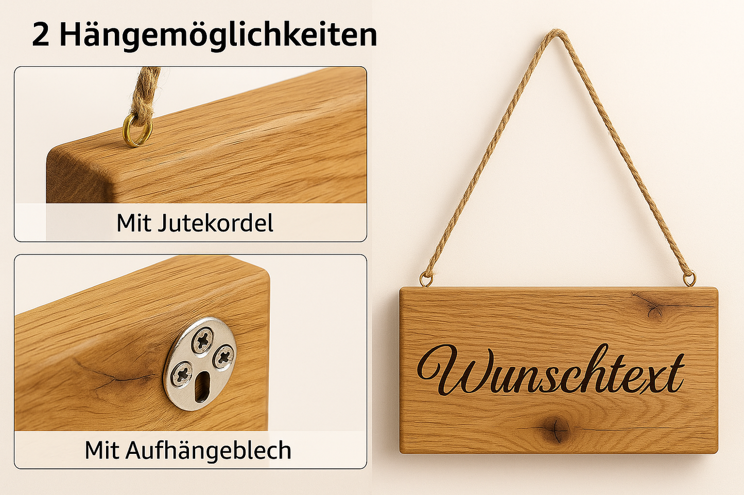 Holzschild Eiche massiv – personalisiert mit Gravur | Wunschtext & Motive | 10+ Schriftarten | 20–50cm | 2 Aufhängungen