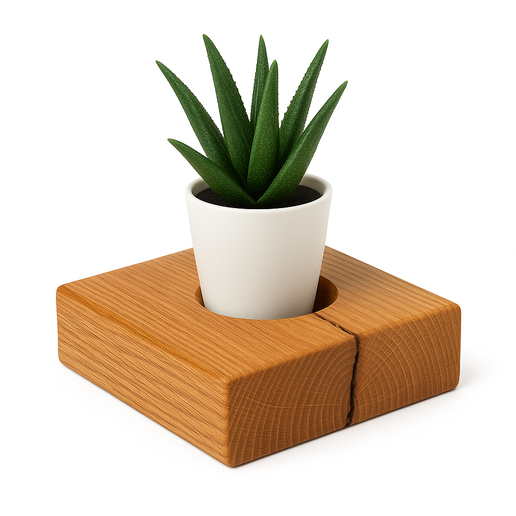 Woodequipment24 Eichenholz Deko-Block mit Kunstpflanze – Handgefertigt aus geöltem Eichenholz, minimalistisches Design mit Bohrung, moderne Tisch- & Fensterbank-Deko