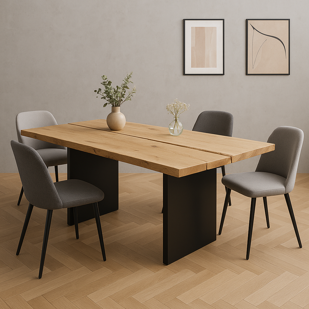 Massiver Eichen Esstisch mit Baumkante | Stahl Tischgestell Industrial | Handgefertigter Holztisch nach Maß | Eiche geölt oder lackiert