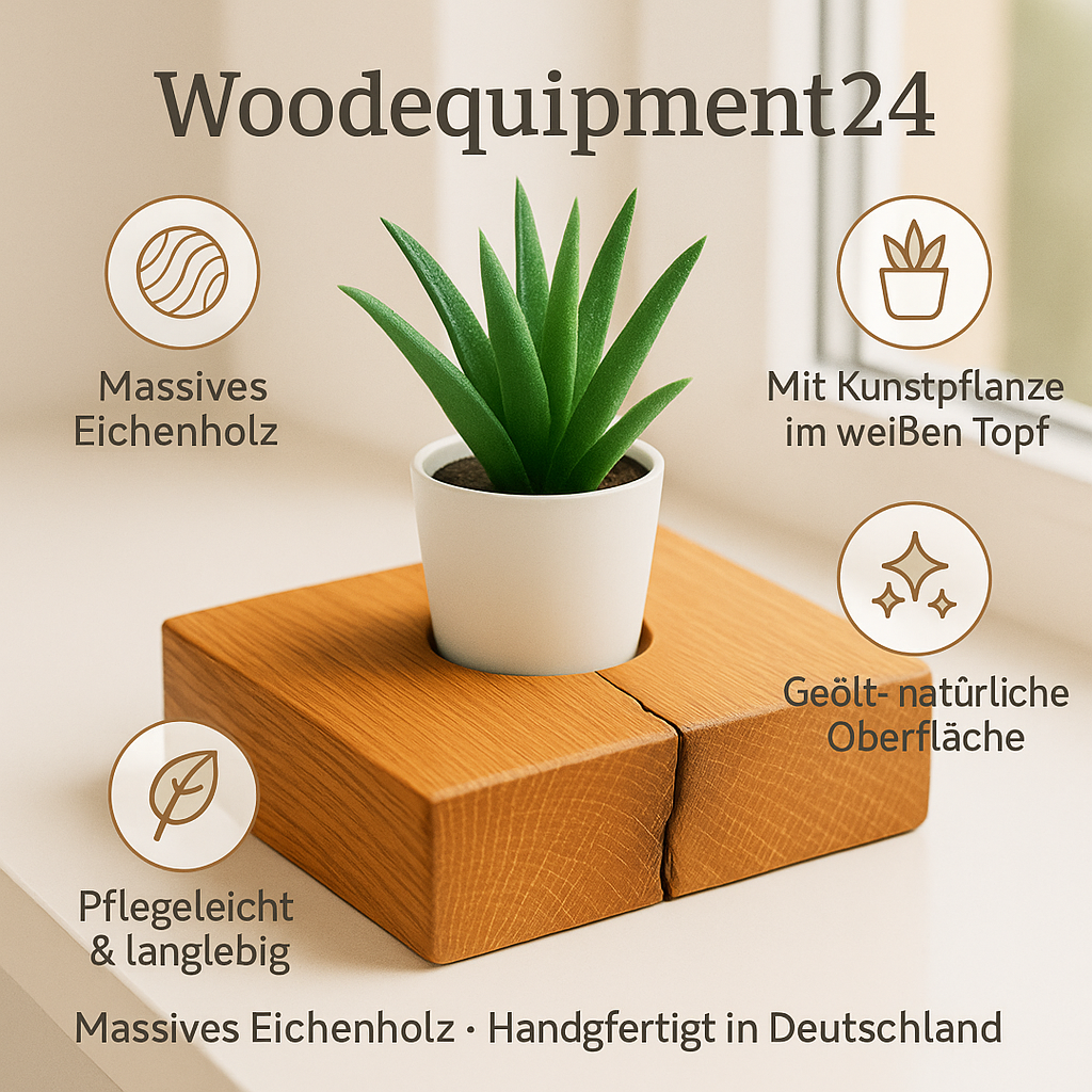 Woodequipment24 Eichenholz Deko-Block mit Kunstpflanze – Handgefertigt aus geöltem Eichenholz, minimalistisches Design mit Bohrung, moderne Tisch- & Fensterbank-Deko