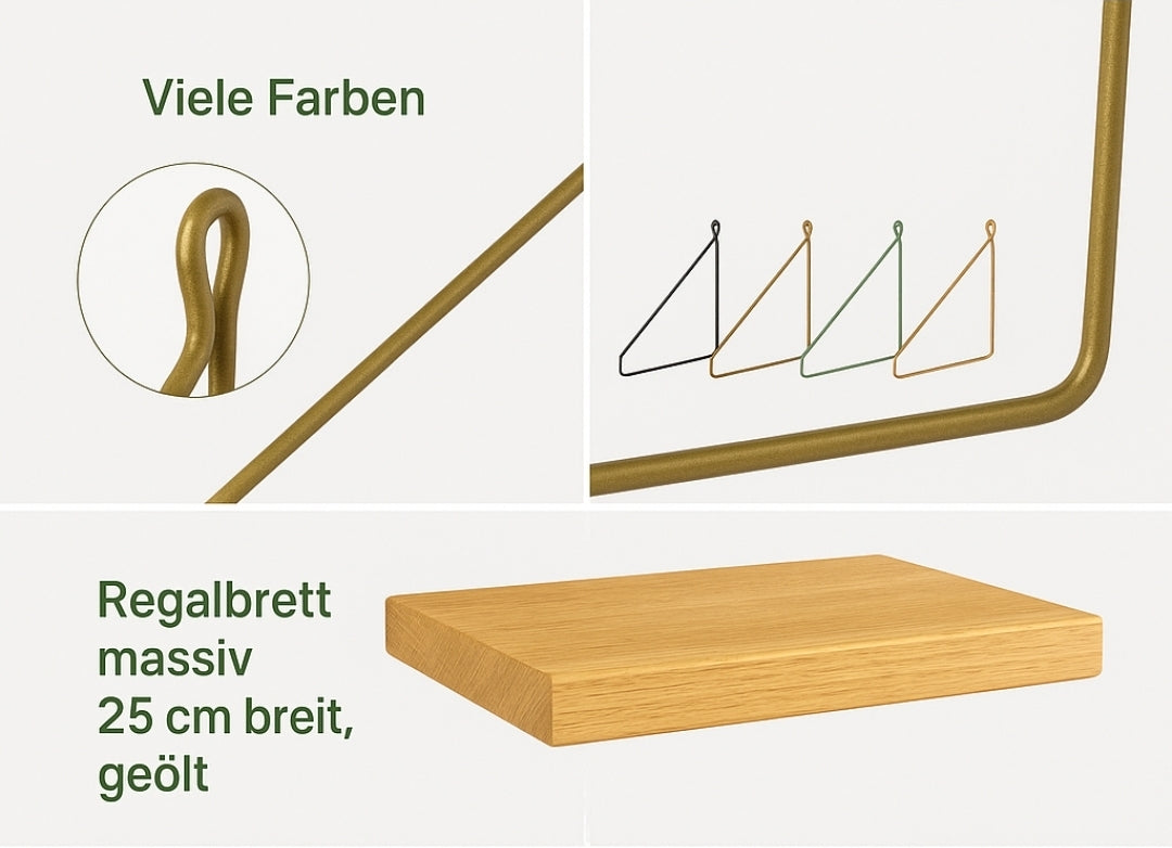 Wandregal aus massiver Eiche geölt – 200 mm tief, 250 mm breit – mit Metallhaltern | Handgefertigtes Regalbrett | Kleines Regal für Küche, Bad & Wohnzimmer | Sondergrößen möglich