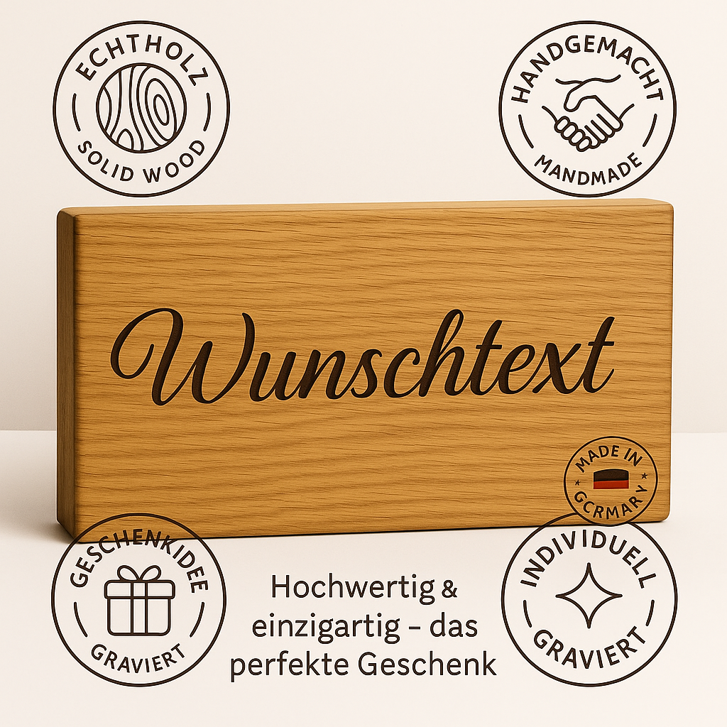 Holzschild Eiche massiv – personalisiert mit Gravur | Wunschtext & Motive | 10+ Schriftarten | 20–50cm | 2 Aufhängungen