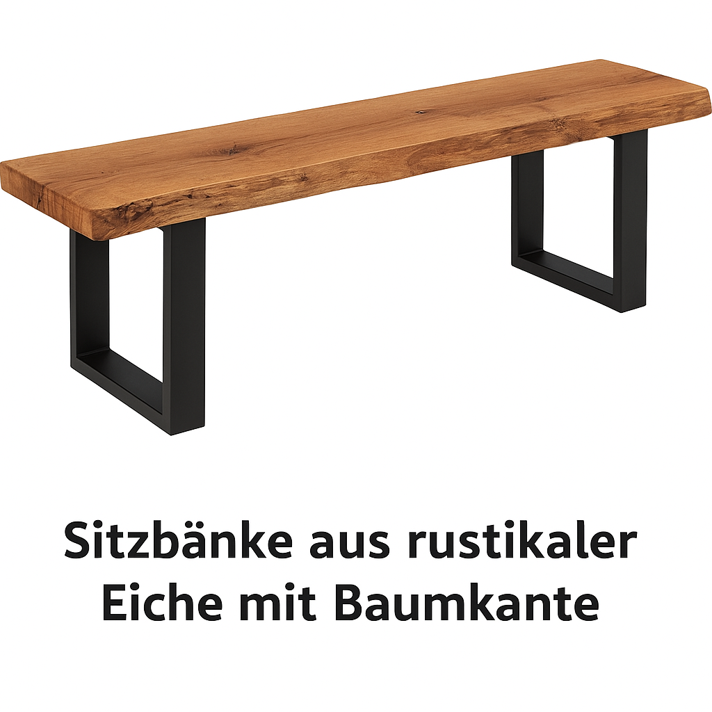 Rustikale Sitzbank aus massiver Eiche mit Baumkante & Metallgestell – Esszimmerbank / Flurbank / Küchenbank handgefertigt