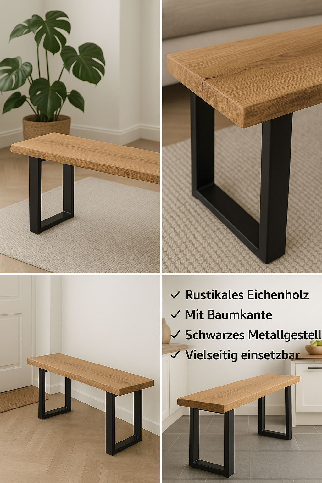 Rustikale Sitzbank aus massiver Eiche mit Baumkante & Metallgestell – Esszimmerbank / Flurbank / Küchenbank handgefertigt