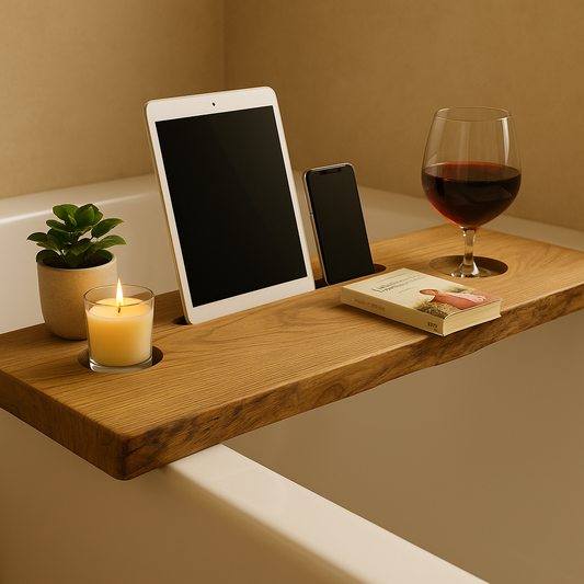Badewannenablage Eiche massiv mit Baumkante – Handgefertigte Wannenablage mit Handy-/Tabletnut, Glas-Vertiefung & Ablagefläche – Rustikal & elegant – Wunschgröße möglich
