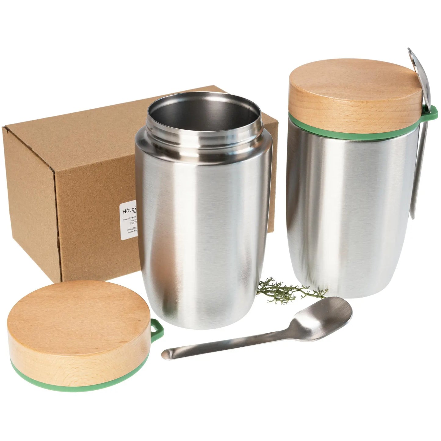 Edelstahl Lunchbox doppelwandig isoliert 0,5 l mit FSC® Holzdeckel und Löffel