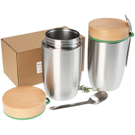 Edelstahl Lunchbox doppelwandig isoliert 0,5 l mit FSC® Holzdeckel und Löffel