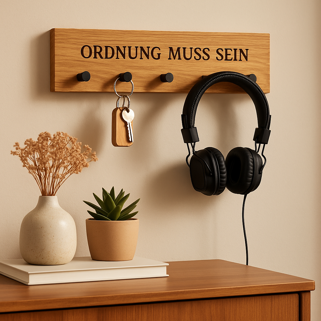 Holz-Garderobe mit Gravur – Wandgarderobe & Schlüsselbrett für mehr Ordnung "Ordnung muss sein"
