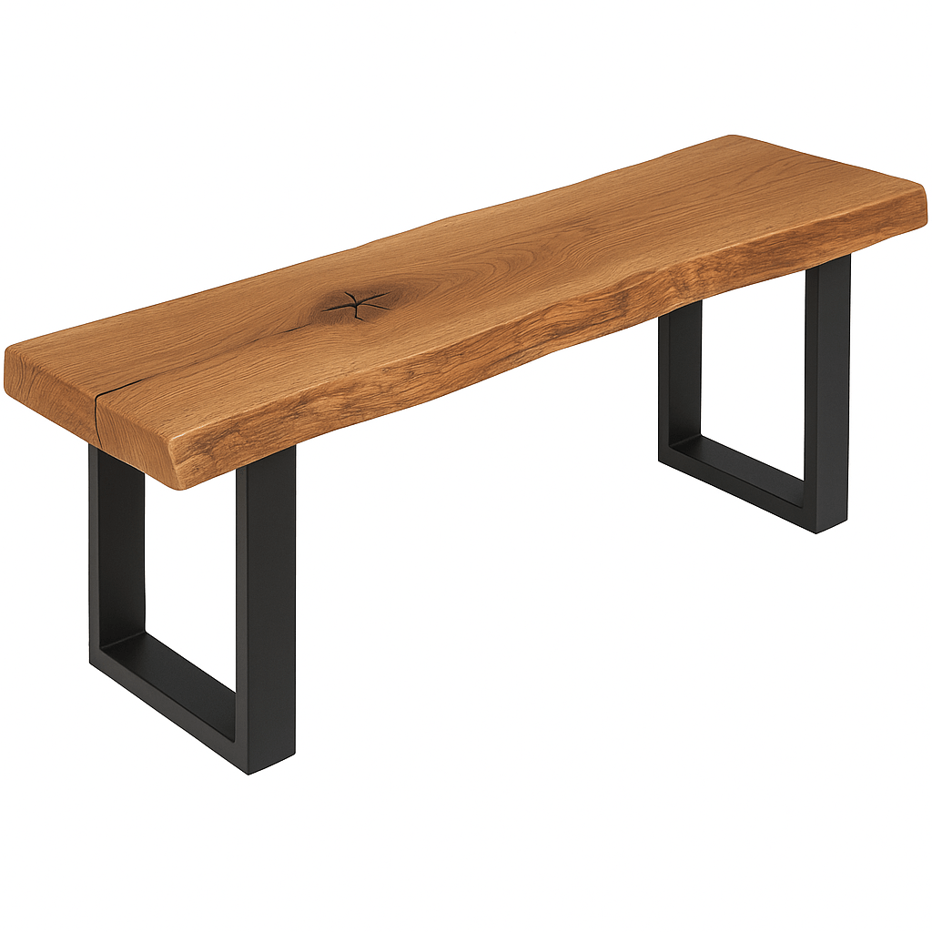 Rustikale Sitzbank aus massiver Eiche mit Baumkante & Metallgestell – Esszimmerbank / Flurbank / Küchenbank handgefertigt -