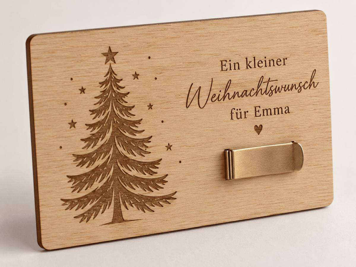 Tannenbudget – Weihnachts-Geldgeschenkkarte mit Clip – Produktansicht mit Beispielgestaltung