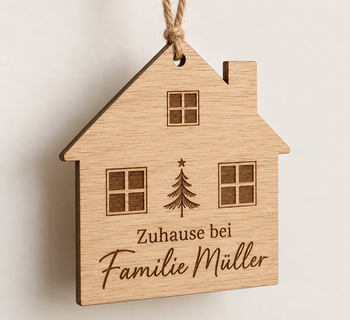 Unser Weihnachtshaus – Hausförmiger Weihnachtsanhänger – Produktansicht mit Beispielgestaltung