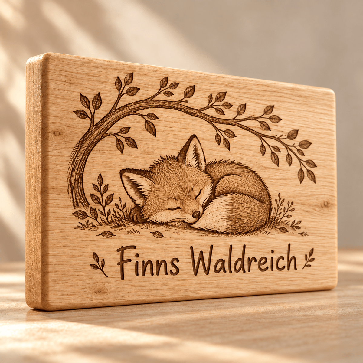 Waldreich – identisches Fuchs-Namensschild aus Eiche, Gravurdetail; Gestaltungsvisualisierung