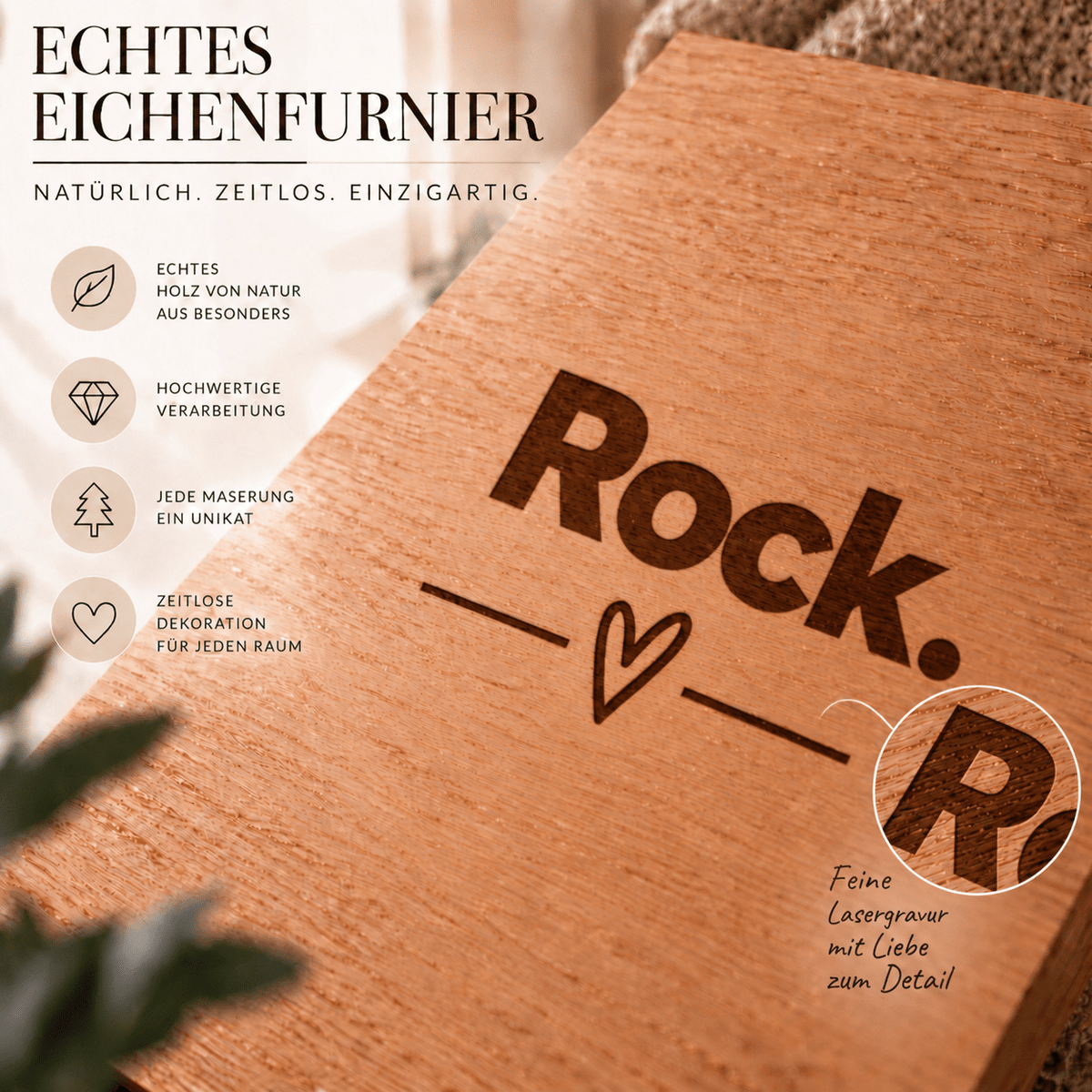 Wandbild aus Eichenfurnier – 50 × 70 cm | Lasergravur Rock - Wood-24