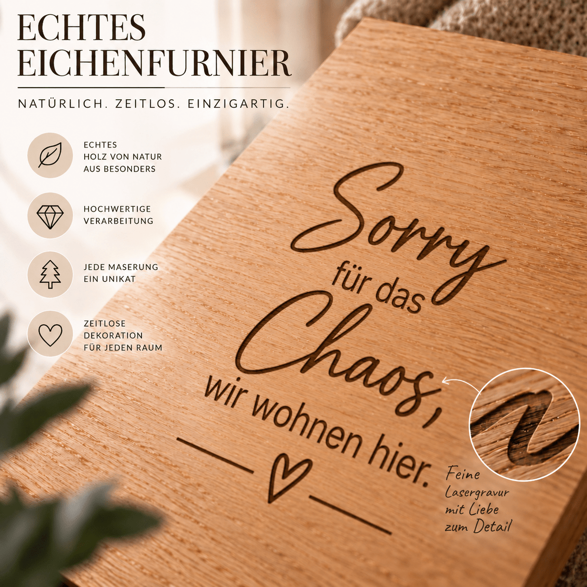 Wandbild aus Eichenfurnier – 50 × 70 cm | Lasergravur Sorry... - Wood-24