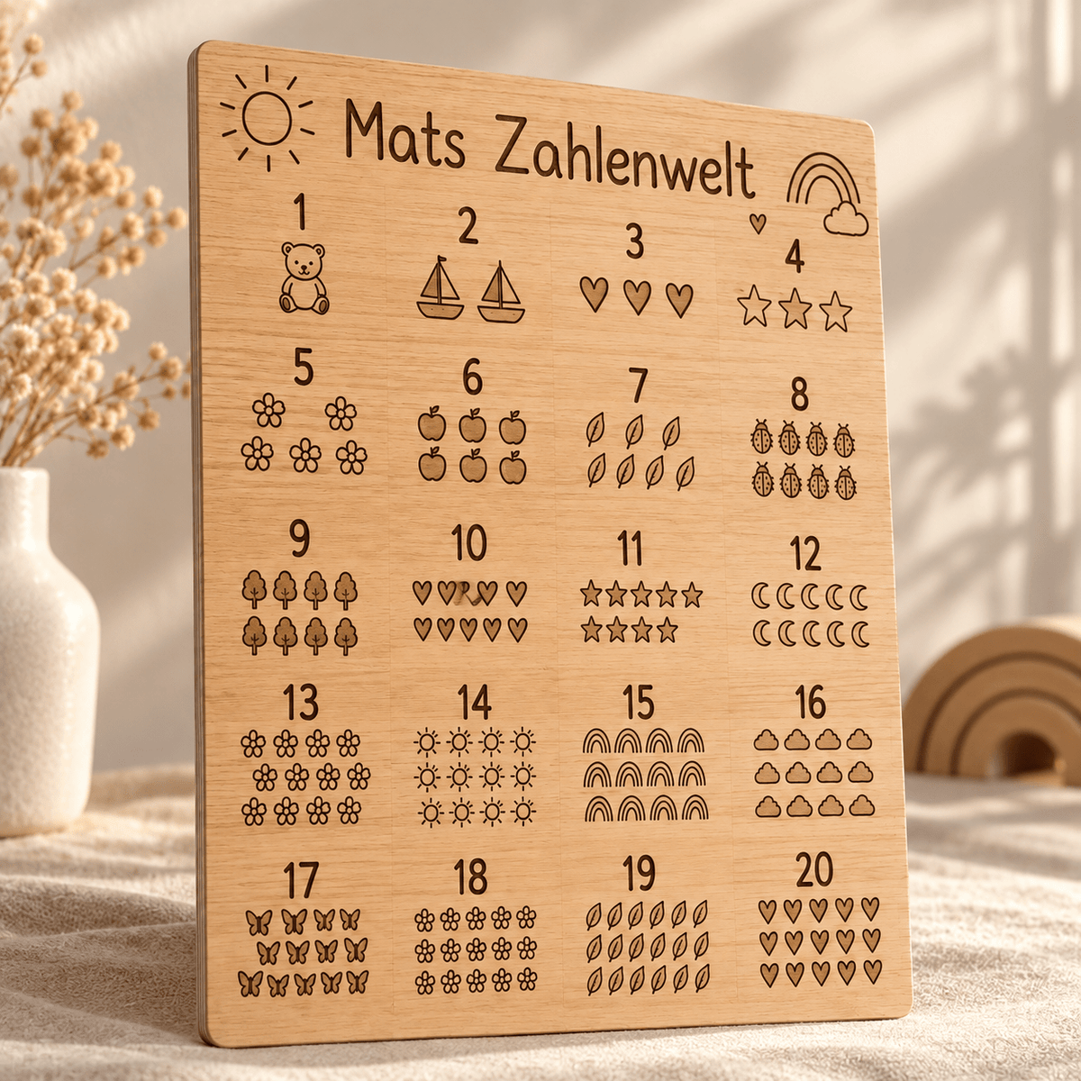 Zahlenwelt – Personalisierte Zahlentafel von 1 bis 20, Gravur und Holzdetail; digitale Gestaltungsvisualisierung