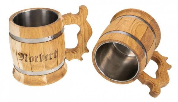 Bierkrug aus Holz mit personalisierten Namen - Eiche geölt, das perfekte Geschenk für Männer zum Geburtstag