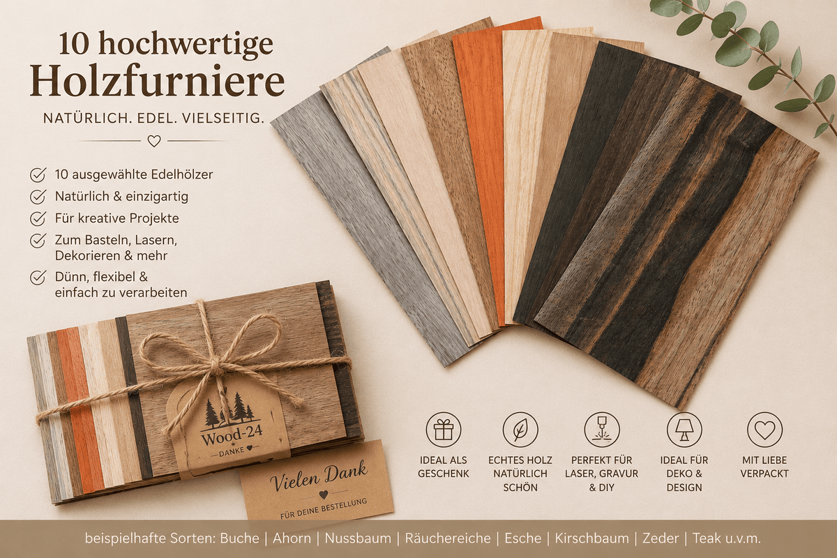 Zehner-Set Echtholzfurnier 20 × 10 cm, 0,4 mm, für Laser- und Bastelarbeiten – weiteres Produktbild 4