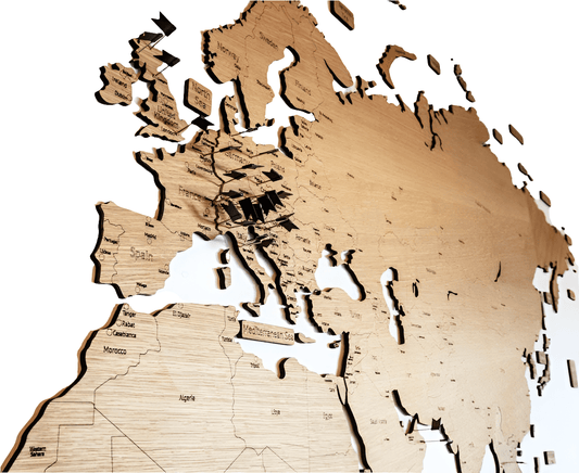 3D Weltkarte XXL "Fernweh" mit Ländernamen und - grenzen graviert - Woodequipment24