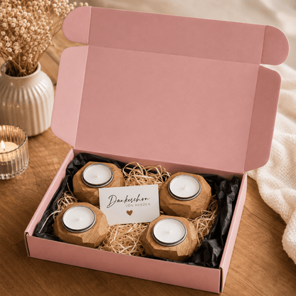 4er Geschenkset Teelichthalter aus Eiche – handgefertigte Unikate - Wood-24