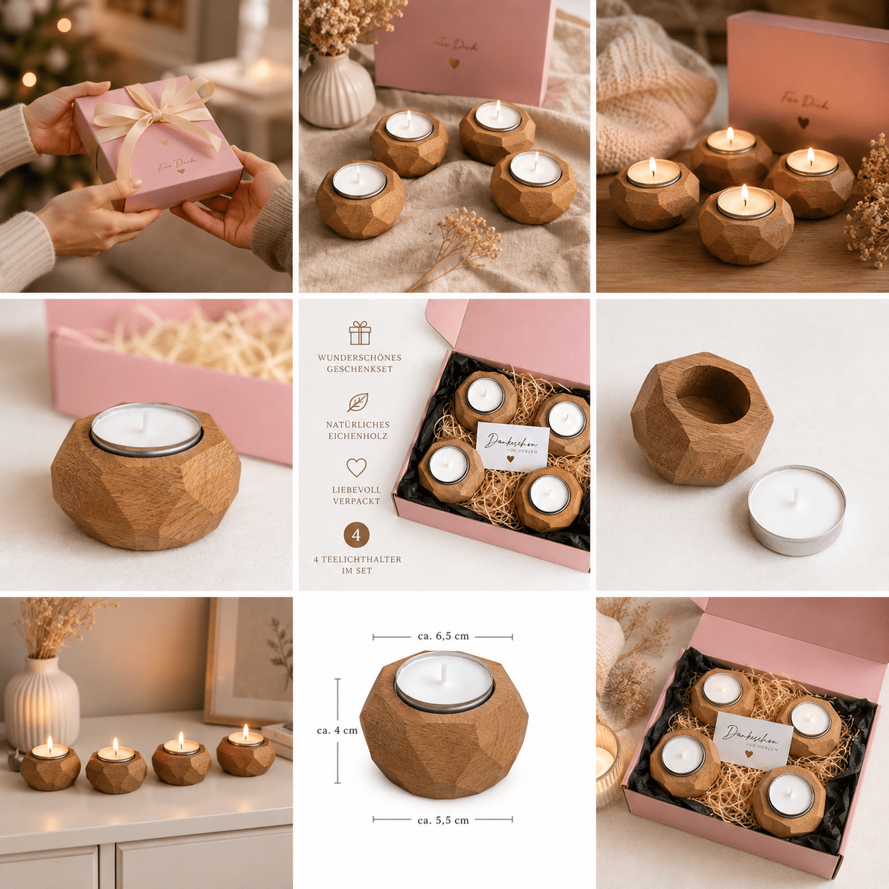 4er Geschenkset Teelichthalter aus Eiche – handgefertigte Unikate - Wood-24