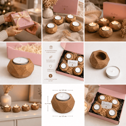 4er Geschenkset Teelichthalter aus Eiche – handgefertigte Unikate - Wood-24