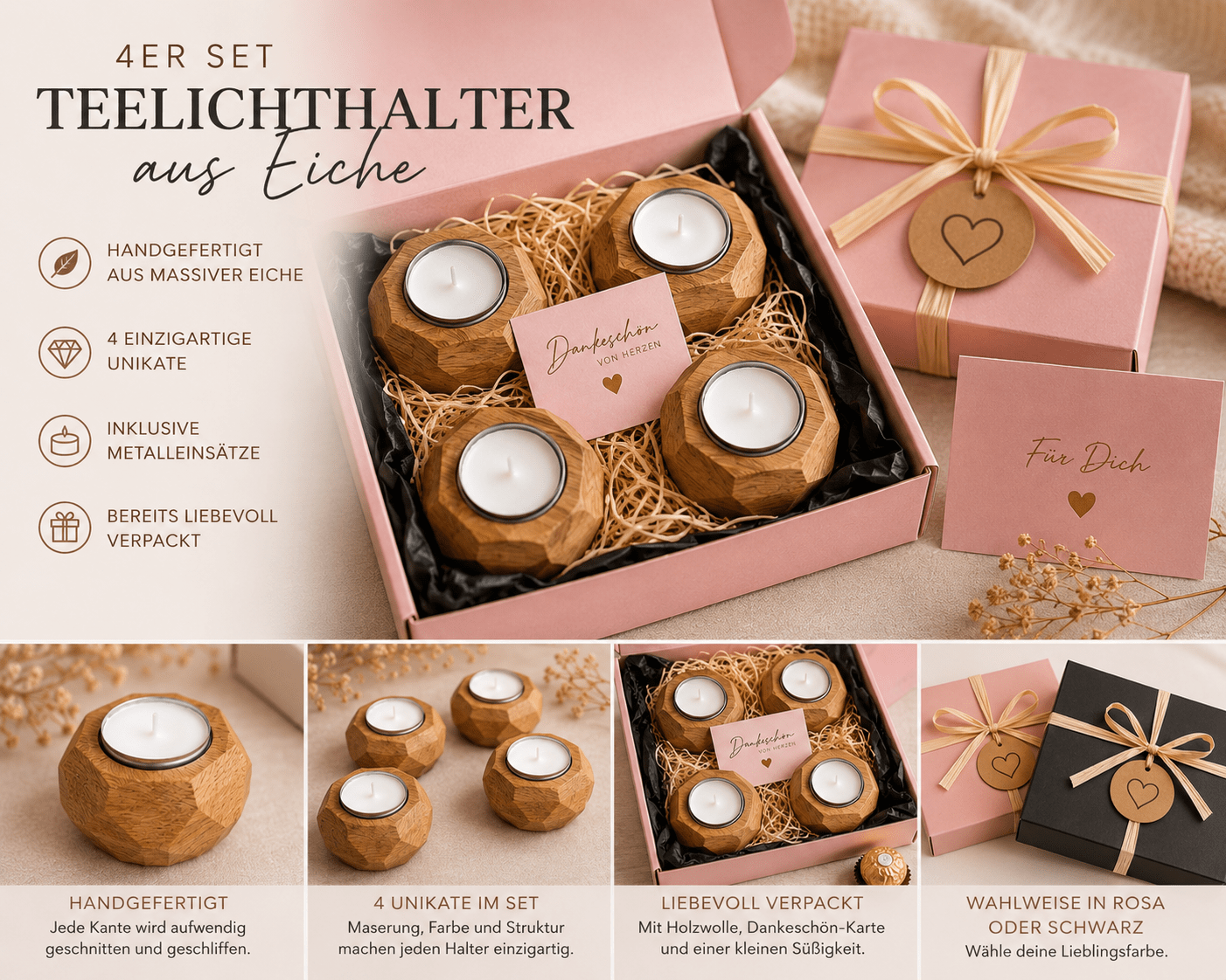 4er Geschenkset Teelichthalter aus Eiche – handgefertigte Unikate - Wood-24