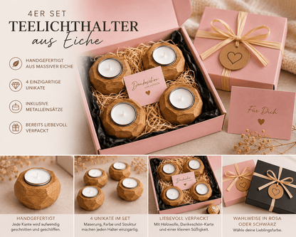4er Geschenkset Teelichthalter aus Eiche – handgefertigte Unikate - Wood-24