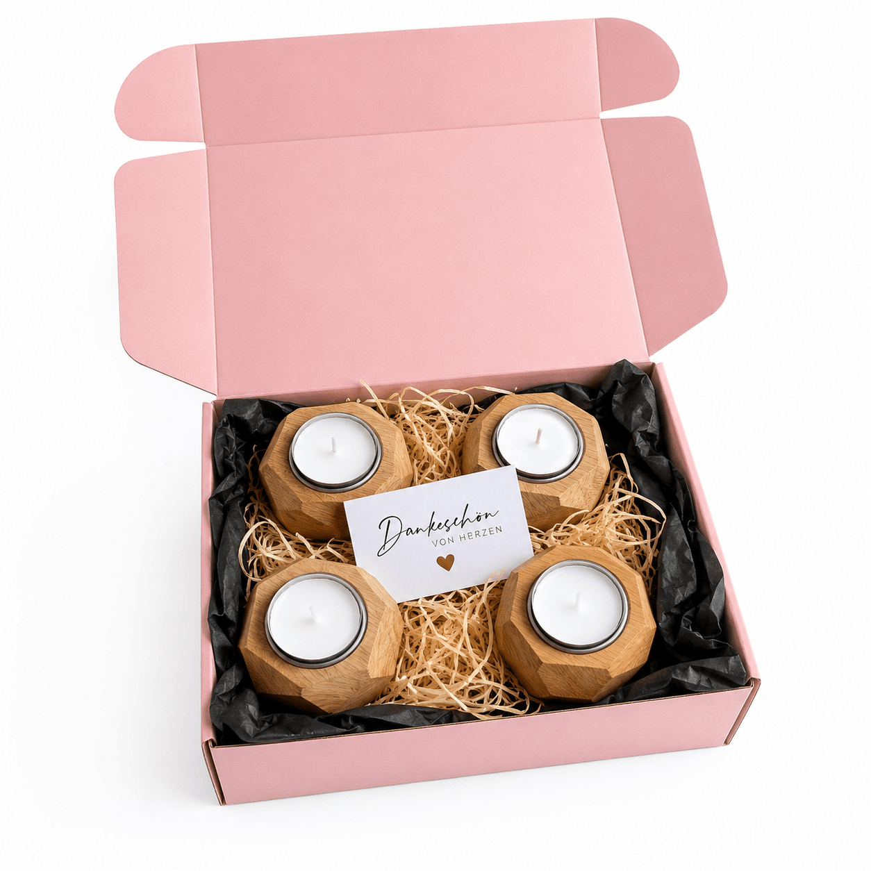 4er Geschenkset Teelichthalter aus Eiche – handgefertigte Unikate - Wood-24