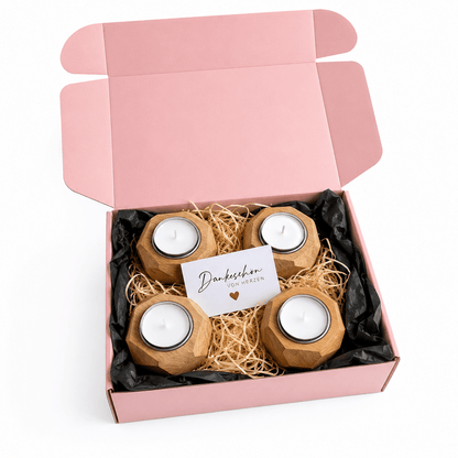 4er Geschenkset Teelichthalter aus Eiche – handgefertigte Unikate - Wood-24